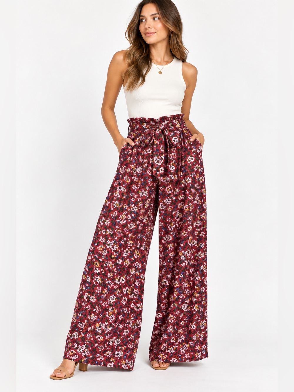 Abercrombie & Fitch High Rise Floral Wide Leg Palazzo Pants Burgundy Size S
